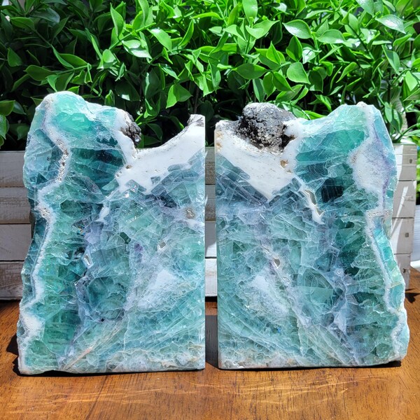 Large Fluorite Crystal Bookend. Polished Crystal Bookend. Stone Bookends. Stone Slice. Natural Stone