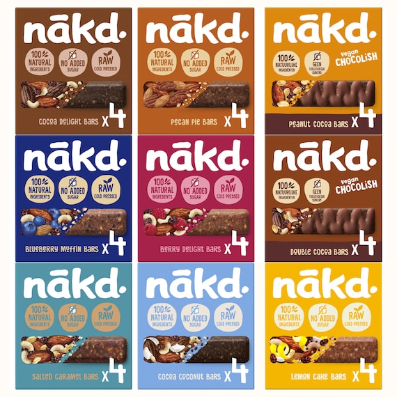 Nakd bars mix 4-packs: Berry Delight, Cocoa Delight, Peanut Delight &  Blueberry Muffin