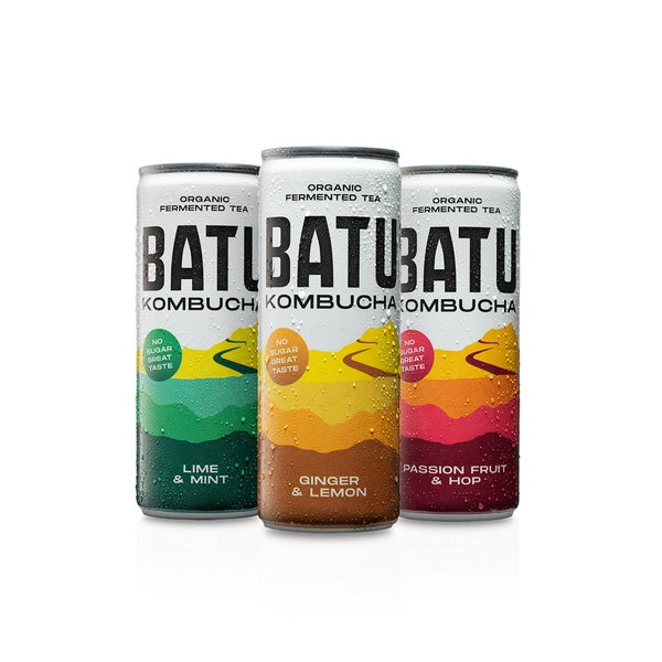 Batu Bio Fermentierte Kombucha Tee Sortenpackung - Ingwer und Zitrone, Limette und Minze, Passionsfrucht und Hopfen