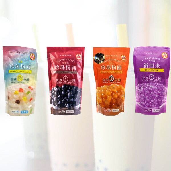 WuFuYuan 4-Pack Boba Tapioca Pearls: Golden, Rainbow, Taro and Classic Black