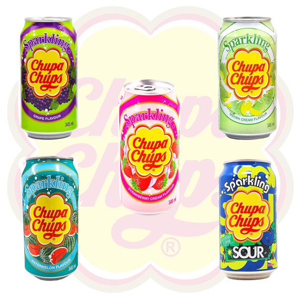 Chupa Chups Sparkling Soda Flavor Set | Chupa Chups Soda Variety Pack (Grape, Sour, Watermelon, Melon Cream, Strawberry Cream (5-pack)