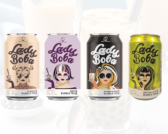 Madam Hong Lady Boba Bubble Tea Variety Pack - Classic, Taro, Brown Sugar, Matcha Latte. (Halal & Vegan-Friendly)