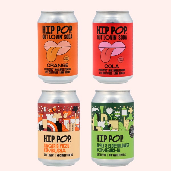 Soda kombucha Hip Pop Gut Lovin - Lot de 4 - orange, cola, gingembre, pomme et fleur de sureau