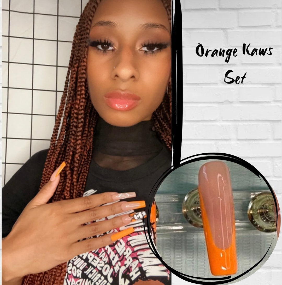 Orange Kaws Setcartoon Nail Art Orange Nail Press Ons Kaws Etsy