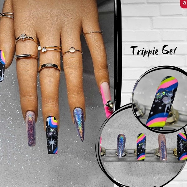 trippie Set|hippie nails|galaxy nails|space nails|mushroom charm| long Mayte nails| Neón nails| Mayte black nails