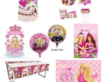 Barbie Birthday Party Decoration Cake Topper Tableware Plates Napkins Tablecloth Tablecover Banner Bunting Balloon Backdrop