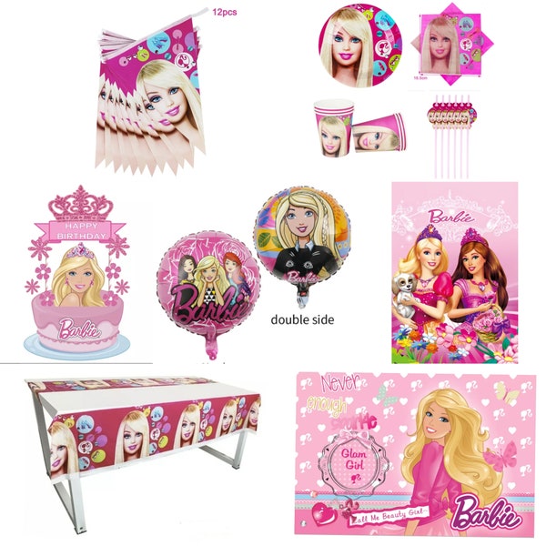 Barbie fête d'anniversaire décoration gâteau Topper vaisselle assiettes serviettes nappe nappe bannière bruant ballon toile de fond