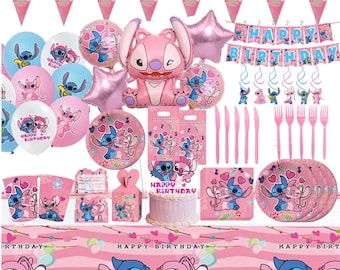 Lilo and Stitch Pink Birthday Party Decoration Cake Topper Tableware Plates Napkins Tablecloth Tablecover Banner Bunting Balloon Backdrop