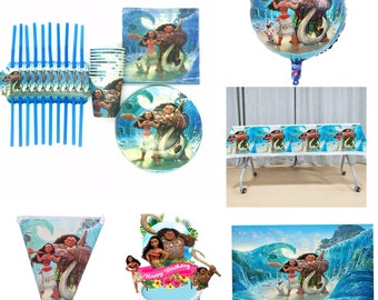 Moana Maui Heyhey Birthday Party Decoration Cake Topper Tableware Plates Napkins Tablecloth Tablecover Banner Bunting Balloon Backdrop