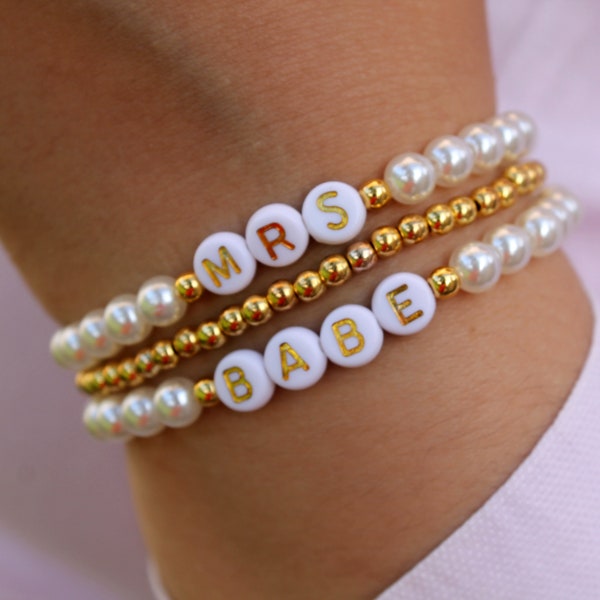 14K Gold Beaded Bracelets | Stackable Bracelets | Personalized Name Bracelets | Custom Bracelet | Handmade Jewelry | Pearl Bracelet, Gift