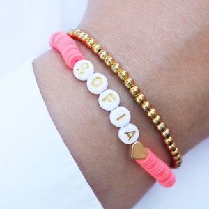 14k Gold Heart Clay Bracelet, Personalized Name Bracelets,Custom Beaded Bracelet, Name Bracelet, Gold Heart Women Bracelets, Beaded bracelet