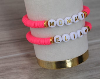 Mama & Mini Bracelet Set, Stretch with Heishi Beads and Your choice of Lettering, First day of School/Kindergarten/Preschool, Back to school
