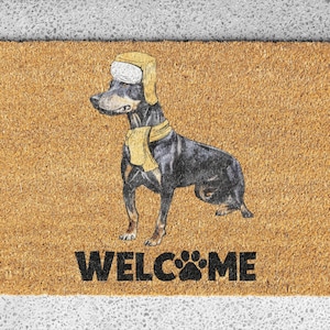 Dobermann Pinscher gemütliche Weihnachts-Fußmatte, Hundeliebhaber-Willkommensmatte, Winterurlaub Kokosnussfaser-Haustürteppich, Dobermann-Fußmatte