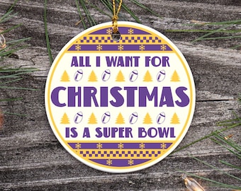 Wszystko czego chcę na święta to ceramiczna ozdoba Super Bowl, brzydki sweter na święta Bożego Narodzenia, dekoracja Minnesota Football, świąteczny prezent dla fana futbolu Viking