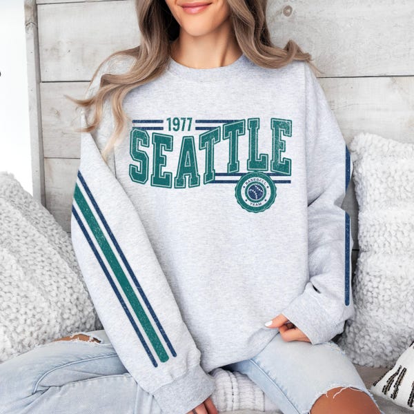 Seattle Baseball Vintage Retro Sweatshirt, Unisex Mariner Sleeve Print Crewneck, Throwback Style Sweatshirt, Gift for Seattle Baseball Fans