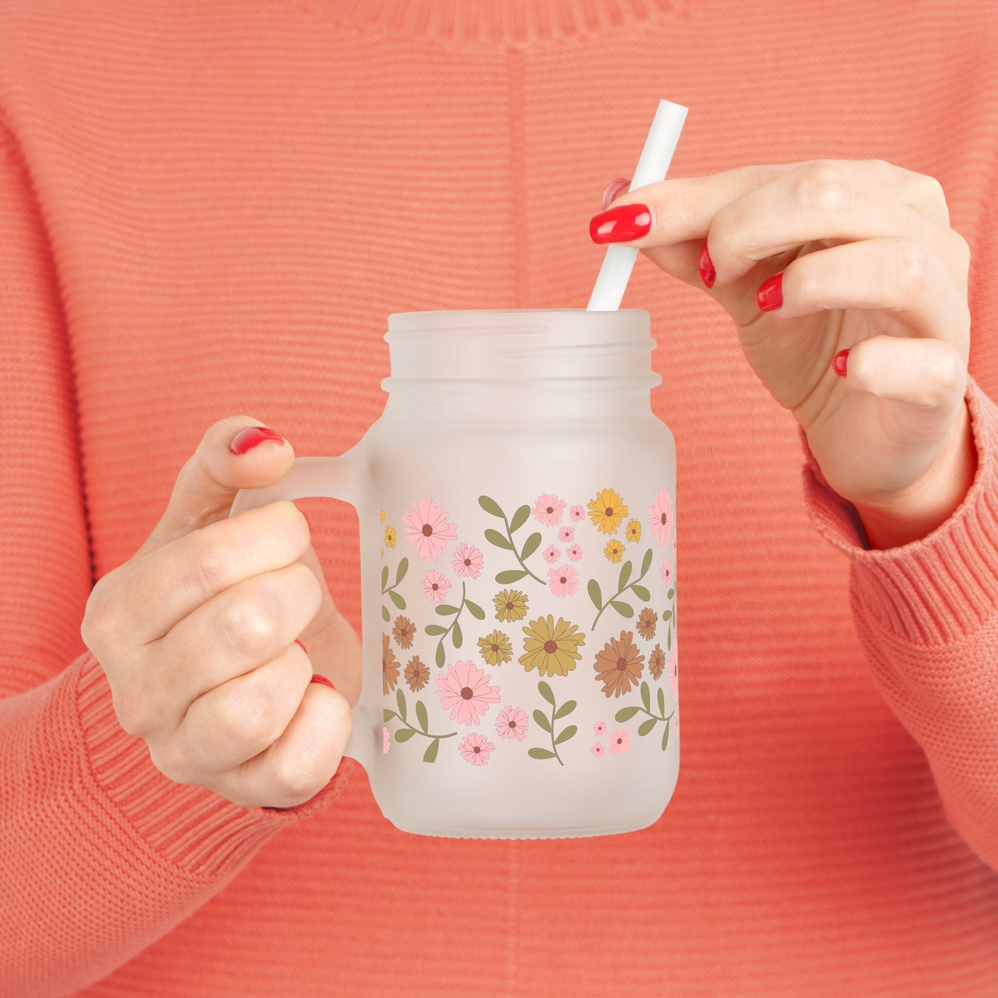 Ghosts with Flowers Glass Coffee Cup With Lid & Straw – solillydesignco