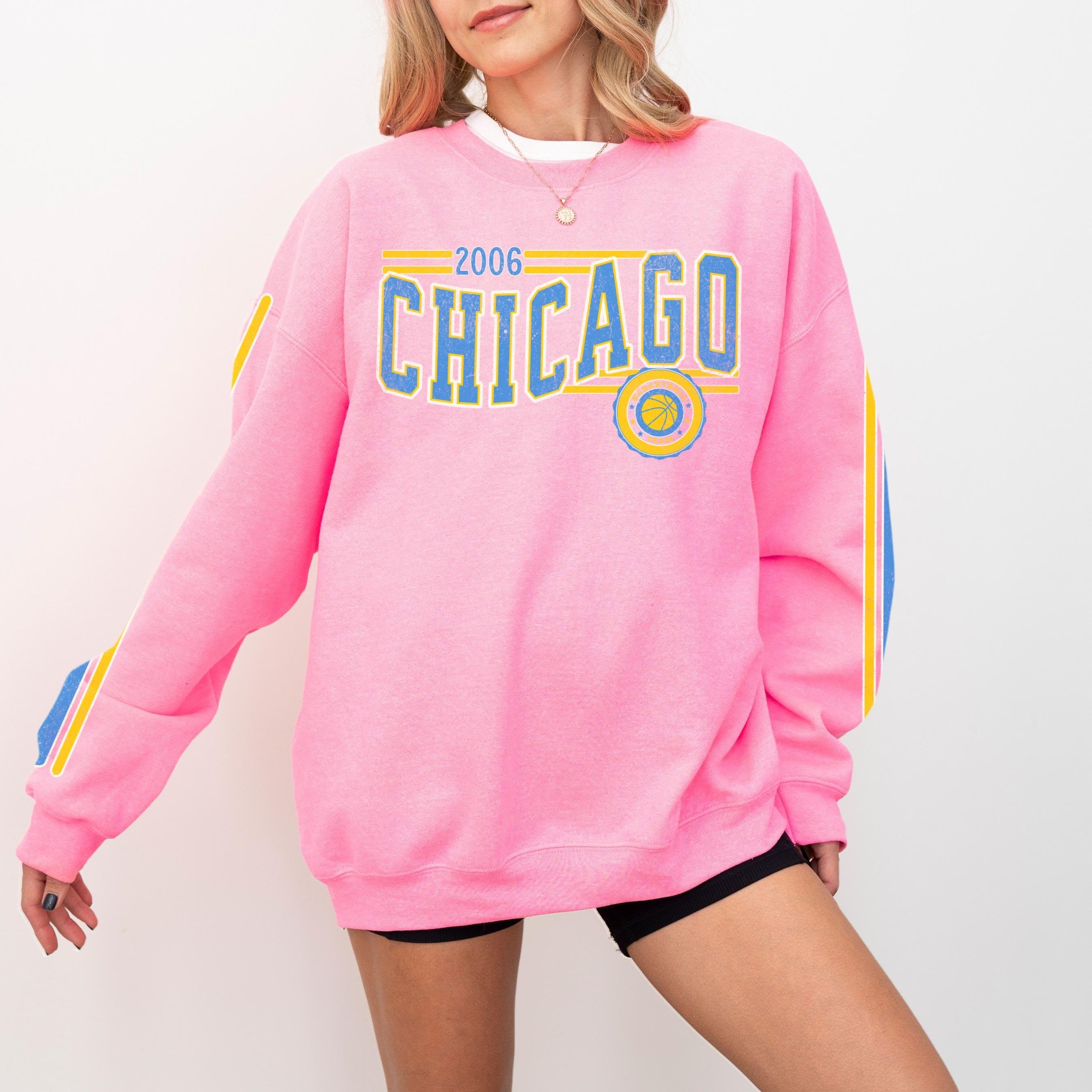 Discover Chicago Women's Basketball Retro Crewneck Sweatshirt, Sky Basketball Team Shirt, Unisex Retro Stripe Sleeve Printing, Vintage Basketball