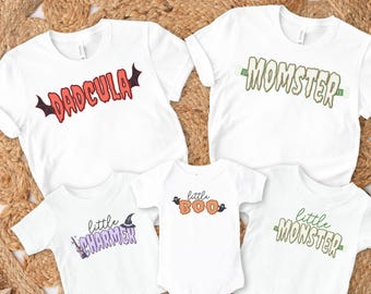 Camisetas de grupo familiar de Halloween, camisetas combinando Dadcula Momster, camisetas Little Monster e Boo, camisetas combinando mamãe e eu da temporada assustadora