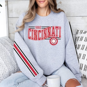 Cincinnati Baseball Vintage Retro Sweatshirt, Red Sleeve Print Crewneck, Throwback Style Sweatshirt, Gift for Cincinnati Baseball Fans