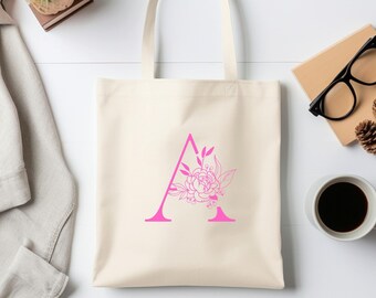 Custom initial tote, Name tote, Modern bag, Bookish bag, Gift for her, Gift for bookworm, Author gift, Floral bag, Canvas tote bag, Floral