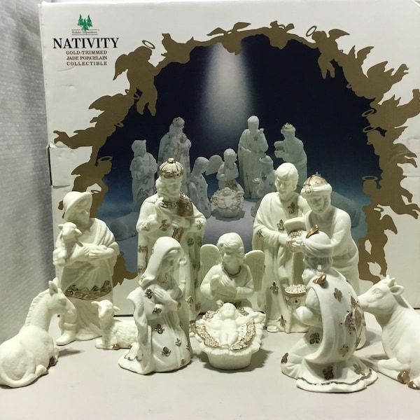 Christmas Decor -Jade Porcelain Nativity Set - 11 Pieces - White with gold trim