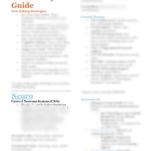 May include: A CCRN Exam Cram Study Guide document featuring the text Test-Taking Strategies, Cranial Nerves, Neuro, and Central Nervous System (CNS). The page is organised with bulleted lists and headings in orange and blue text on a white background.