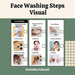 Może przedstawiać: Wizualny przewodnik zatytułowany „Kroki mycia twarzy” z dziewięcioma ilustrowanymi krokami, w tym włączeniem wody, myciem twarzy i osuszaniem ręcznikiem. Przewodnik zawiera pola wyboru i sekcję z napisem „zawiera żetony!”