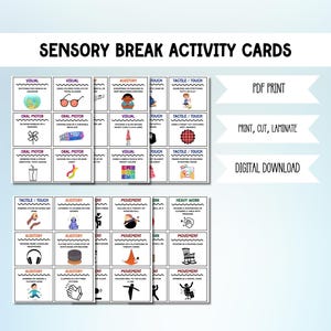 以下が含まれることがあります： 印刷可能な感覚的な休憩アクティビティカード20枚セット。各カードには、感覚入力の調整に役立つさまざまなアクティビティが記載されています。カードは、視覚、聴覚、触覚、口腔運動、運動、重い作業の感覚システム別に整理されています。カードは白黒で、カラフルなイラストが描かれています。