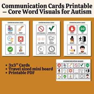 May include: Printable communication cards with core word visuals for autism. The cards are 7.6 x 7.6 cm and feature images with words such as "break," "help," "yes," and "no." A travel-sized mini board and printable PDF are also included.