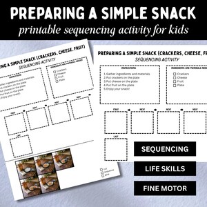 Preparación de una actividad sencilla de secuenciación de refrigerios, receta visual imprimible para el desarrollo de habilidades para la vida, análisis de tareas de educación especial.