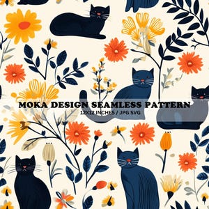 Floral Cats Seamless Pattern jpg svg file, Cat and Flowers Design, Boho Kitty Cat digital download for fabrics tumbler sublimation