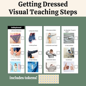 May include: A visual teaching aid titled "Getting Dressed Visual Teaching Steps." The image shows a series of illustrated steps for getting dressed, including putting on underwear, socks, and shoes. The text "includes tokens!" is also present.