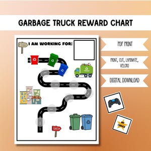 May include: A colorful garbage truck reward chart with the text "GARBAGE TRUCK REWARD CHART". The chart features a road with trash cans and a garbage truck. Includes a game controller and a "MY CHOICE" sticker. Available as a PDF print, print and laminate, or digital download.