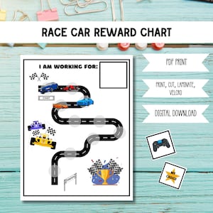 May include: A white Race Car Reward Chart with a black race track design and colourful race cars. The chart includes the text "I AM WORKING FOR:" and is accompanied by stickers and text that reads "PDF PRINT", "PRINT, CUT, LAMINATE, VELCRO", and "DIGITAL DOWNLOAD".