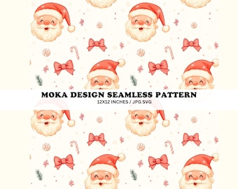 Vintage Santa Christmas Seamless Pattern, Retro Holiday Design (JPG, SVG)