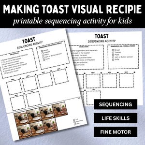 Visuelle Übung zur Rezeptreihenfolge beim Toasten, Arbeitsblatt zu praktischen Lebenskompetenzen, Arbeitsblatt zum Befolgen von Anweisungen, Aufgabenanalyse für den Förderunterricht