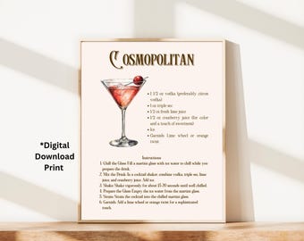 Cosmopolitan Cocktail Recipe Print, Bar Art (Digital Download)