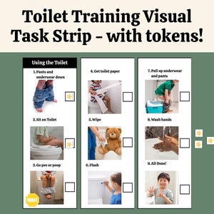 Op de afbeelding: Een visuele taakstrip voor zindelijkheidstraining, met negen stappen. De stappen omvatten: broek en ondergoed naar beneden, op de wc zitten, plassen of poepen, toiletpapier pakken, afvegen, doorspoelen, ondergoed en broek omhoog, handen wassen en klaar.