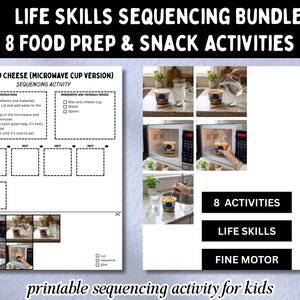 Visuellt receptpaket med livskunskapssekvensering, 8 matlagnings- och mellanmålsaktiviteter, utskrivbara instruktioner, analys av specialpedagogiska uppgifter