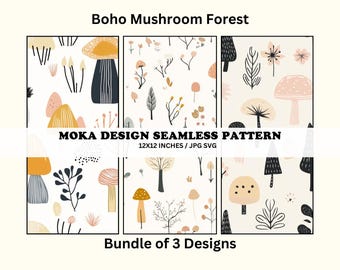 Boho Mushroom Forest Seamless Pattern, Pastel Whimsical Design (JPG SVG)