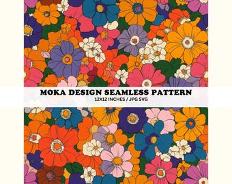Vintage 70s Floral Seamless Pattern, Retro Flower Design (JPG, SVG Digital Download)
