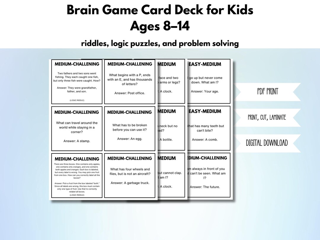 Brain Card Game Riddles Riddles & Logic Puzzles Card Deck for Kids Ages 8-14 (digital Download ...