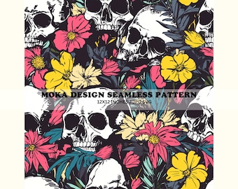 90s Skulls and Flowers Seamless Pattern, Grunge Floral Design (Digital Download)