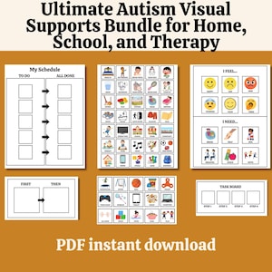 以下が含まれることがあります： 自閉症のための視覚支援バンドル。スケジュールボード、感情チャート、タスクボードが含まれています。「Ultimate Autism Visual Supports Bundle for Home, School, and Therapy」のテキストが表示されています。「PDF instant download」のテキストが下にあります。