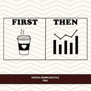 Op de afbeelding: Zwart-wit digitale afbeelding met de woorden "FIRST" en "THEN" boven twee illustraties. De "FIRST" afbeelding is een koffiekopje met een hart en stoom. De "THEN" afbeelding is een staafdiagram en een lijndiagram.