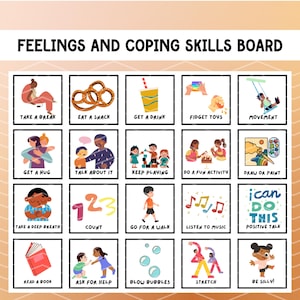 Puede incluir: Un gr&aacute;fico colorido con ilustraciones y texto, titulado "Feelings and Coping Skills Board". El gr&aacute;fico incluye habilidades de afrontamiento como tomar un descanso, recibir un abrazo, respirar profundamente, contar, salir a caminar, escuchar m&uacute;sica, hablar positivamente, leer un libro, pedir ayuda, soplar burbujas, estirarse y ser tonto.