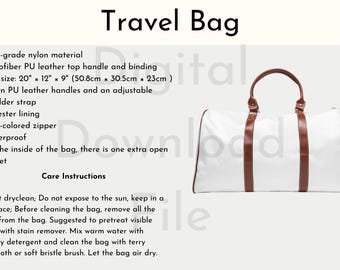 Travel Duffle Bag Size Chart, Product Details (Digital Download)