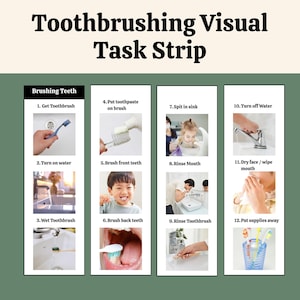 Puede incluir: Una tira visual para el cepillado de dientes, titulada "Toothbrushing Visual Task Strip". Muestra 12 pasos ilustrados, como obtener el cepillo de dientes, aplicar pasta de dientes, cepillar, enjuagar y guardar los suministros. Los pasos están ilustrados con fotos.