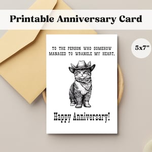 Carte d'anniversaire imprimable chat de l'Ouest, carte de cow-boy pour partenaire, petit ami, petite amie, femme, mari, carte de voeux en téléchargement numérique 5 x 7