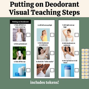 May include: A visual teaching aid titled "Putting on Deodorant" with nine steps illustrated with photos. The steps include taking off a shirt, applying deodorant, and checking for white marks. Includes tokens.
